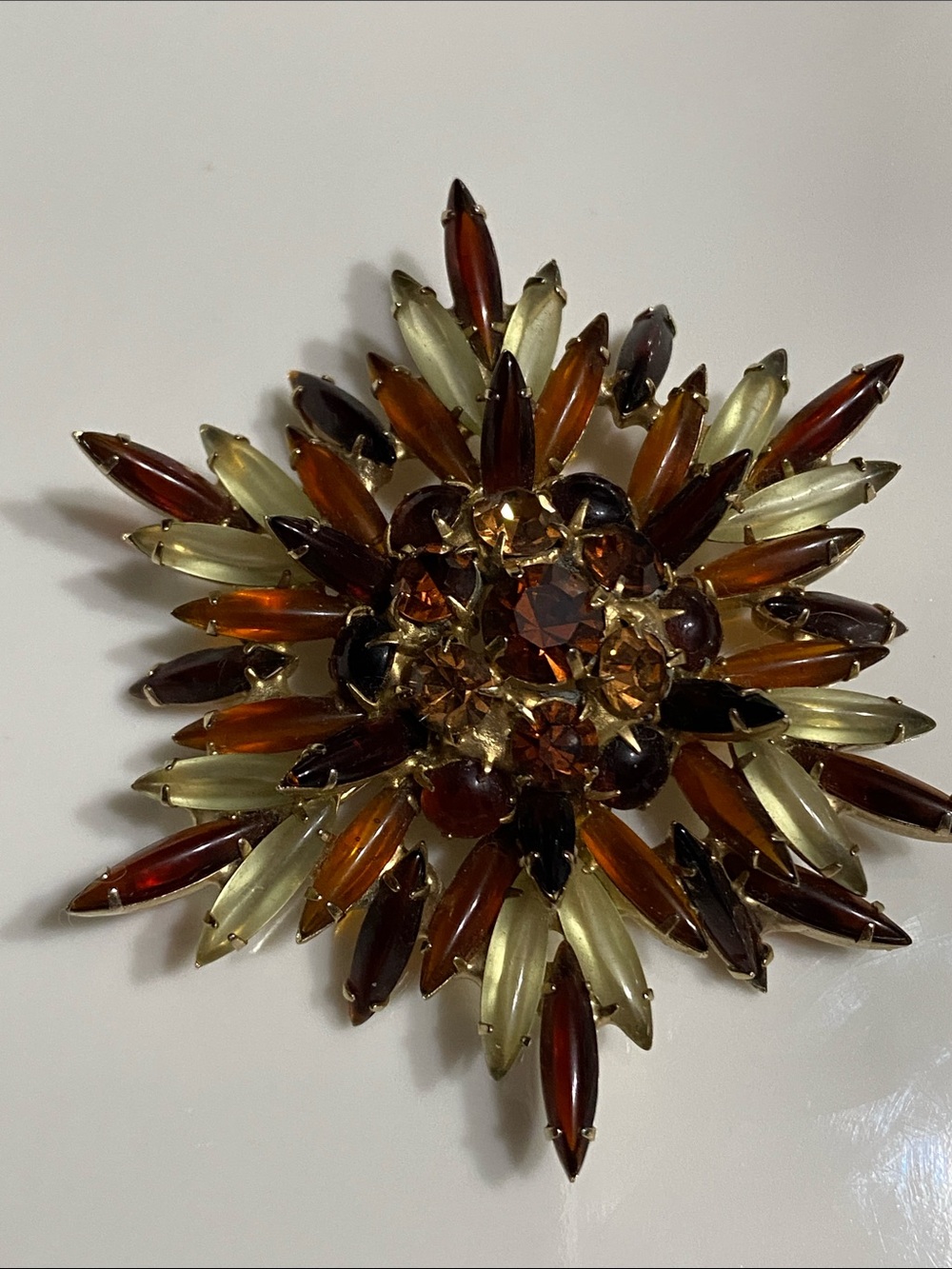 VTG Schreiner Starburst Cabochon Navette Amber & Citrine Glass Brooch